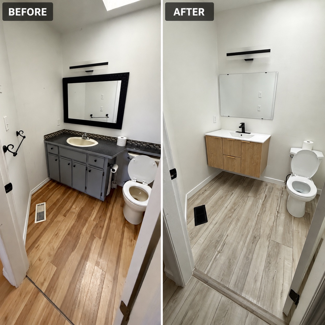 Before-and-after bathroom collage: a grey vanity and wood-toned floor beside a floating wood vanity, rectangular basin, frameless mirror and light flooring