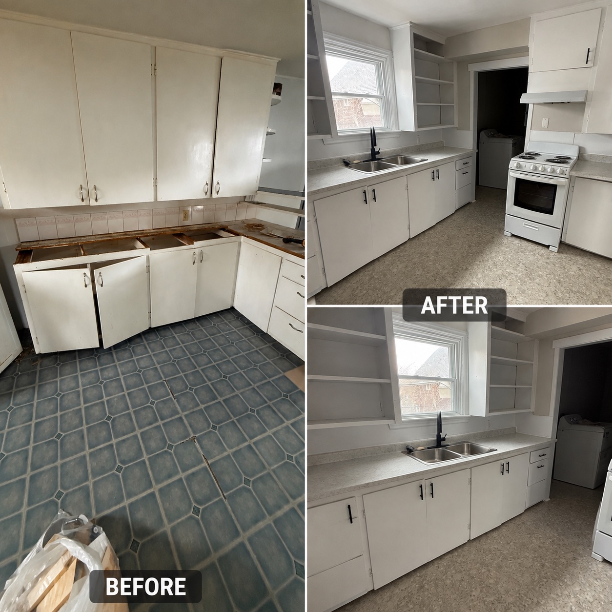 Before-and-after kitchen collage: an unfinished counter and worn flooring beside the refreshed white kitchen with new counters, flooring and dark cabinet handles