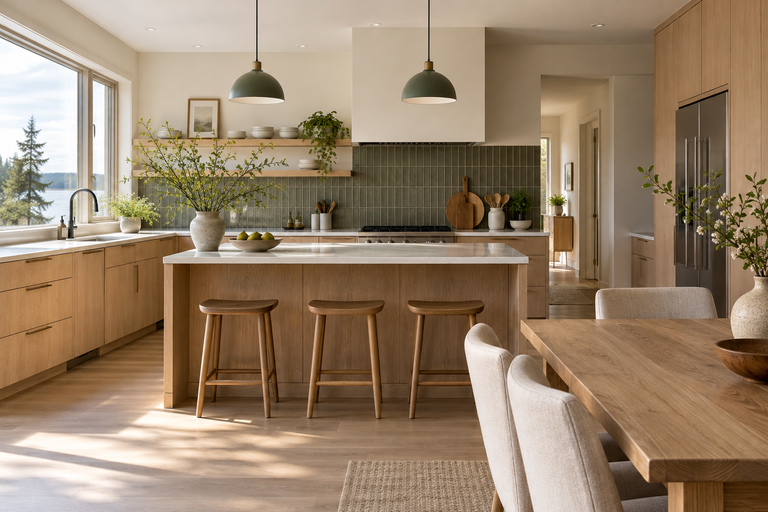 Design inspiration: a light-filled modern kitchen with oak cabinetry, cream counters and a green tile backsplash